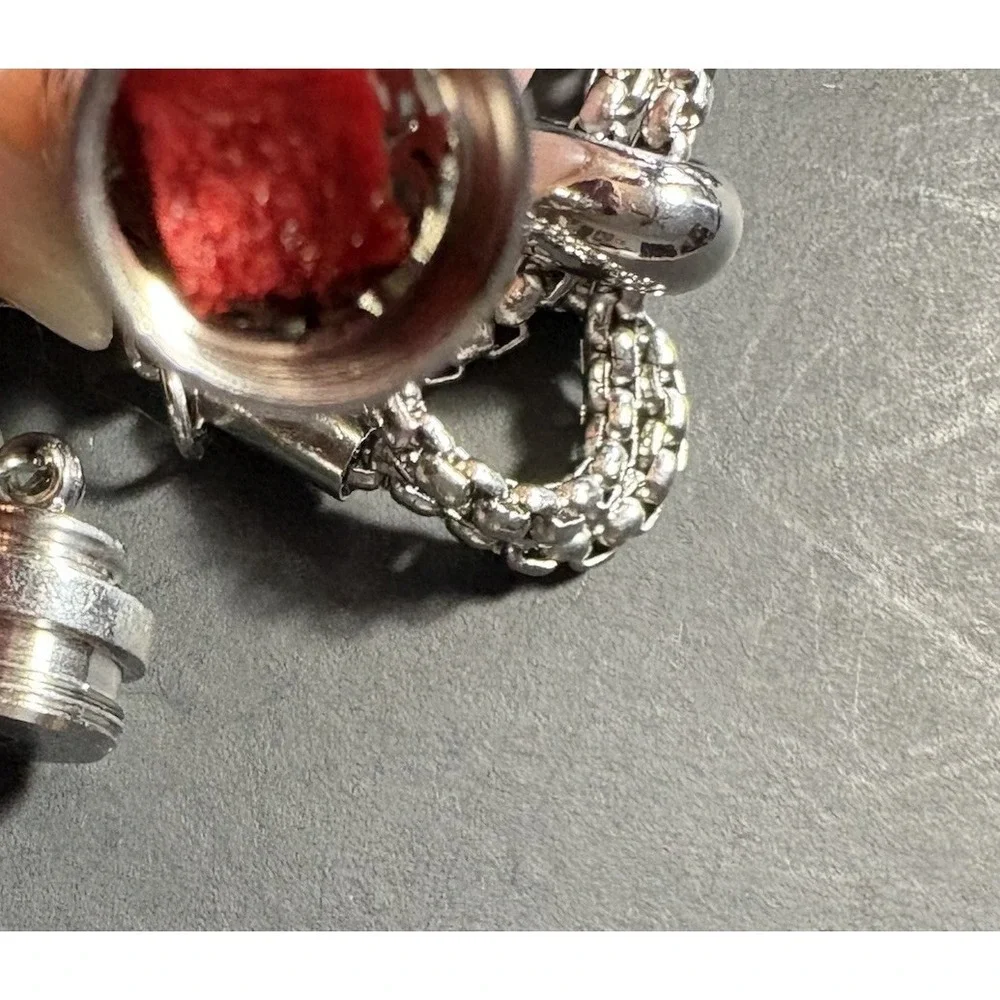 Silver Tone Adjustable Slider Bracelet Cutout Cylinder Red Stone‎ Accent Boho